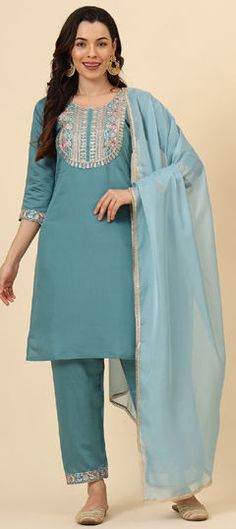 Blue color Salwar Kameez in Blended fabric with Embroidered, Resham, Thread work Blue Churidar With Sheer Dupatta, Fitted Blue Churidar With Sheer Dupatta, Traditional Blue Churidar With Sheer Dupatta For Diwali, Blue Churidar With Sheer Dupatta For Diwali, Blue Salwar Kameez With Sheer Dupatta For Diwali, Blue Churidar With Sheer Dupatta For Navratri, Blue Palazzo Set With Sheer Dupatta For Eid, Festive Blue Kurta With Sheer Dupatta, Blue Kurta With Sheer Dupatta For Festive Season