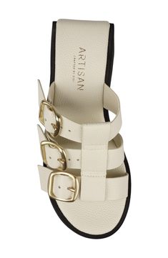 A total of three adjustable buckle straps secure this water-resistant leather sandal set on a toothy platform sole. 2 3/4" heel; 1 1/4" platform Water-resistant Leather upper and lining/synthetic sole Imported Strapped Heels With Buckle Closure For Summer, Summer Adjustable Clogs With Buckle Closure, Adjustable Summer Clogs With Buckle Closure, Adjustable Buckle Closure Synthetic Wedge Sandals, Vacation Open Toe Clogs With Buckle Closure, Buckle Closure T-strap Footbed Sandals For Spring, Spring Buckle Closure T-strap Footbed Sandals, Strapped Sandals With Buckle Closure For Vacation, Open Toe Clogs With Buckle Closure For Vacation