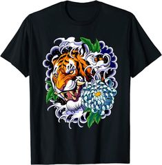 Amazon.com: Traditional Vintage Japanese Tattoo Tiger on a Wave Art T-Shirt: Clothing Japanese Tattoo Tiger, Vintage Japanese Tattoo, Japanese Cyberpunk, Tattoo Tiger, Cyberpunk Aesthetic, Wave Art