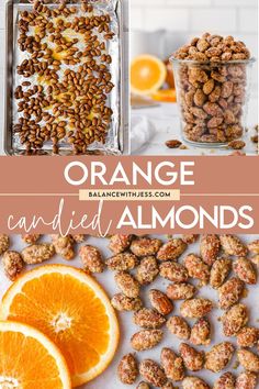 orange candied almonds with text overlay