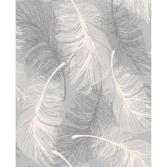 a grey and white wallpaper with feathers on it