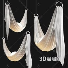 three white hanging hammocks in different positions