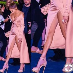 two pictures of the same woman in pink dress and high heeled shoes at an event