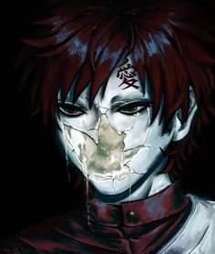 an anime character with red hair and blood on his face