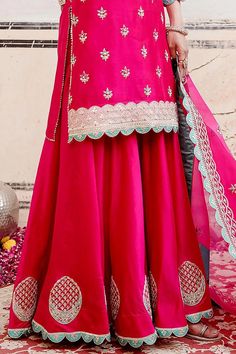 Pink straight kurta featuring marodi and resham embroidery with patchwork. Paired with a matching gharara and scalloped dupatta., Fit: Relaxed Scalloped Dupatta, Resham Embroidery, Women Kurta, Straight Kurta, Embroidered Silk, Set For Women, Aza Fashion, Pure Products, Silk