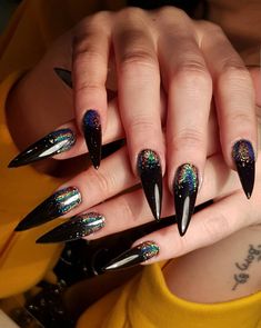 Dark Nail Ideas Coffin, New Years Goth Nails, Gothic New Years Nails, Gothic Birthday Nails, Goth New Years Nails, Dark Birthday Nails, Rainbow And Black Nails, Goth Birthday Nails, Dark Simple Nails