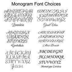 the different types of monogram font choices for each type of lettering, including letters and numbers