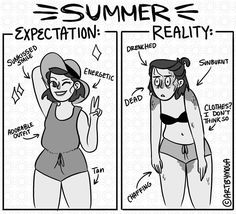 a comic strip with two women in swimsuits and the caption that says summer expectations