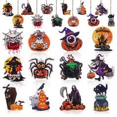 a bunch of halloween decorations hanging from strings on a white background with watermarked images