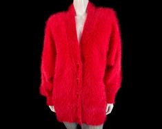 80% Angora Fuzzy Vintage VENESHA Red Lined V-Neck Cardigan Sweater Jacket 46" bust Red Long Sleeve V-neck Sweater For Winter, Red Fitted V-neck Outerwear, Red V-neck Cardigan For Spring, Red V-neck Spring Cardigan, Red V-neck Sweater For Spring, Vintage Red V-neck Cardigan, Vintage Red V-neck Outerwear, Fitted Red V-neck Outerwear, Vintage V-neck Cardigan For Winter