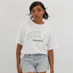 Black F*Ck It Energy Text On The Front White Boxy Tee Super Soft + Slouchy/Boxy Mayjah Oversized Boxy Fit Xs/S: (Equivalent To Unisex M)M/L Studio F, Black F, Boxy Tee, White And Black, Womens Tops, Tops & Tees, Energy, Black And White, Women Shopping