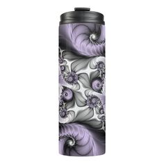 a purple and white flower pattern on a black metal flask bottle with lid,