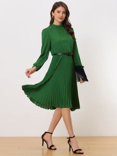 Shop Allegra K for stand collar long sleeve belted pleated midi dress you are looking for, get more women's dresses for yourelf. Order now! Free Returns! Midi Dress Green, Pleated Midi Dress, Casual Spring, Long Sleeve Shirt Dress, Dress 100, Women's Dresses, Stand Collar, Mid Length, Shirt Dress