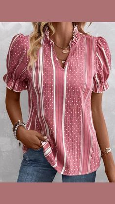 ROTITA Plus Size Frill Pink Striped Split Neck Blouse Casual Pink Tops With Split Neck, Casual Pink Blouse With Split Neck, Striped Blouse With Puff Sleeves, Plus Size Tops For Women Casual, Ladies Top Designs Style, Tops For Jeans, Top With Sleeves, Blouse Size Chart, Layered Short