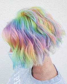 Shoulder Length Colorful Hair, Pastel Rainbow Hair Short, Rainbow Hair Color Short, Cool Hair Dye Ideas For Short Hair, Eggplant Colour, Rockstar Hair, Short Rainbow Hair, Hair Dye Brands, Pastel Rainbow Hair