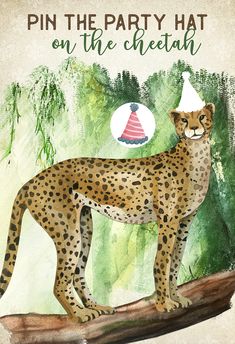 a painting of a cheetah wearing a party hat on top of a tree branch