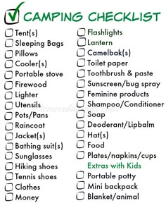 the camping checklist is filled with things to do and not to put in it