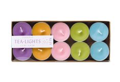 six tea lights in a box on a white background with a tag that says tea lights