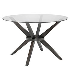 a glass table with metal legs and a round top on an isolated white background,