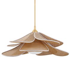 three hanging lights made out of woven material, each with different shapes and sizes on them