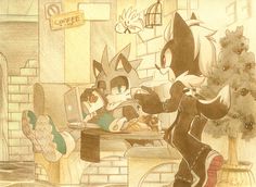 a drawing of sonic the hedgehog and his friends eating at a table in front of a fireplace