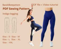 a woman in blue leggings and white sneakers is shown with the text, pdf sewing pattern