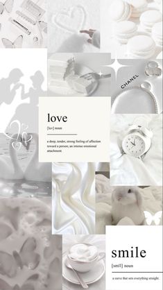 a collage of white images with the words love and other things on it, including an alarm clock