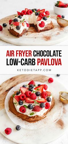 the dessert is topped with whipped cream and fresh berries on top, and has chocolate low carb pavoa