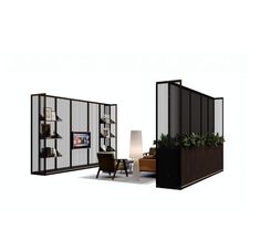 a room divider with plants in it and a lamp on the floor next to it