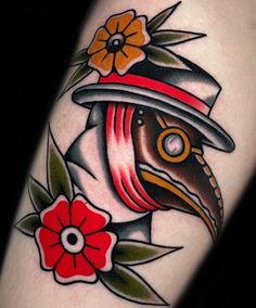 a bird wearing a hat with flowers on it's head is shown in this tattoo design