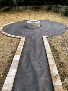 a fire pit in the middle of a yard with brick edgings on it