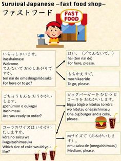 an info sheet with some words and pictures on it, including the japanese language for fast food