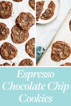 chocolate chip cookies on a baking sheet with the words espresso chocolate chip cookies