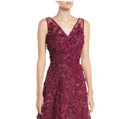 Embroidered Evening Gown Burgundy Size 8 3d Floral Print Tulle Skirt Overlay Fully Lined Fitted Purple Dress With Floral Applique, Fitted Elegant Dress With 3d Embroidery, Elegant Fitted Dress With 3d Embroidery, Formal Purple Embroidered Gown, Purple Evening Gown With Floral Embroidery, Purple Floral Embroidered Evening Gown, Purple Floral Embroidered Dress For Formal Occasions, Purple Formal Dress With Floral Embroidery, Sleeveless Purple Cocktail Gown