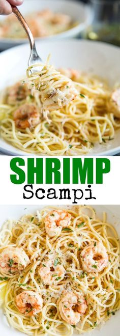 shrimp scampp pasta in a white bowl with parsley on top and the words shrimp scampp above it