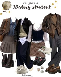 #historystudentaesthetics #historyoutfits #lookbooks #outfitinspo #historyaesthetics #historystudents History Student Aesthetic Outfit, History Student Outfit, Dark Academia Tomboy, Dark Academia School Aesthetic, History Teacher Outfit, English Teacher Aesthetic Outfits, Fashion Student Outfit, Historian Outfit, Social Science Notes