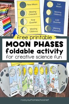 Two printable pages of phases of the moon and example of moon phases foldable activity. Moon Phases Activities, Homeschool Science Experiments, Space Activities For Kids, Homeschool Science Curriculum, Kids Activities At Home, Homeschool Supplies, Space Activities, Free Printable Activities, Science Activity