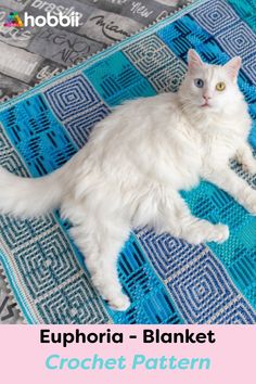 a white cat laying on top of a blue and white blanket with the caption euphora - blanket crochet pattern