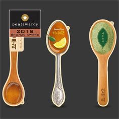 three spoons with different types of food on them, one is orange and the other has