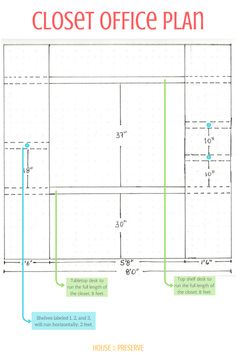 an office plan with three sections labeled in blue and green