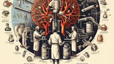 an image of the human brain surrounded by medical equipment and people in white coats working on machines