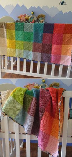 a crocheted blanket on top of a white crib