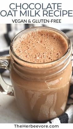 homemade vegan chocolate oatmeal milkshake in a mason jar with text overlay