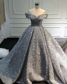 Tulle Ball Gowns Quinceanera Dresses Sequins Beaded Keyhole Back – alinanova Silver Quinceanera Dresses, Silver Wedding Gowns, Ball Gown Off Shoulder, Gown Off Shoulder, Silver Wedding Dress, Gowns Aesthetic, Sequin Ball Gown, Silver Prom Dress, Sparkly Gown