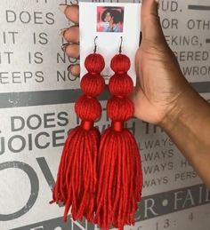 Three tier ball style tassel earrings about 8 inches in length. Extended 4 tiered with brass hoop, 12 inches. Red Yarn Earrings, Yarn Earrings, Clothespin Diy Crafts, Clothespins Diy, Diy Tassel Earrings, Wood Hoop Earrings, Diy Earrings Easy, Denim Earrings, Beige Earrings