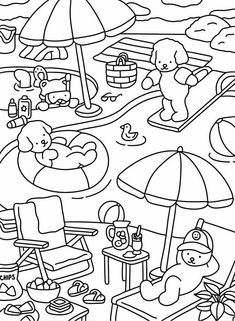 a coloring page with beach scenes and umbrellas