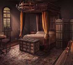 an old fashioned bedroom with four poster bed and chandelier on the ceiling, along with antique furniture