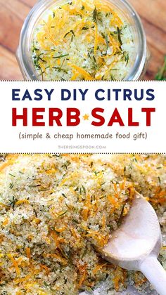 homemade herb salt recipe in a glass bowl with wooden spoon and text overlay that reads easy diy citrus herb salt