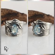 Wide Aquamarine Leaf and Twig Sterling Silver Ring - Handmade by Dawn #LeavesRing #Geometric #NatureRing #Modern #RingsForWomen #LeafRing #WideBand #HandmadeJewelry #SilverRing #GirlsJewelry Modern Untreated Jewelry For Anniversary, Twig Wedding Band, Raw Opal Ring, Twig Ring, Nature Ring, Silver Engagement Rings, Aquamarine Gemstone, Silver Rings Handmade, Gold Diamond Rings