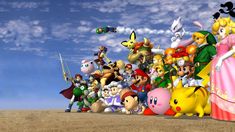 nintendo characters standing in front of a blue sky